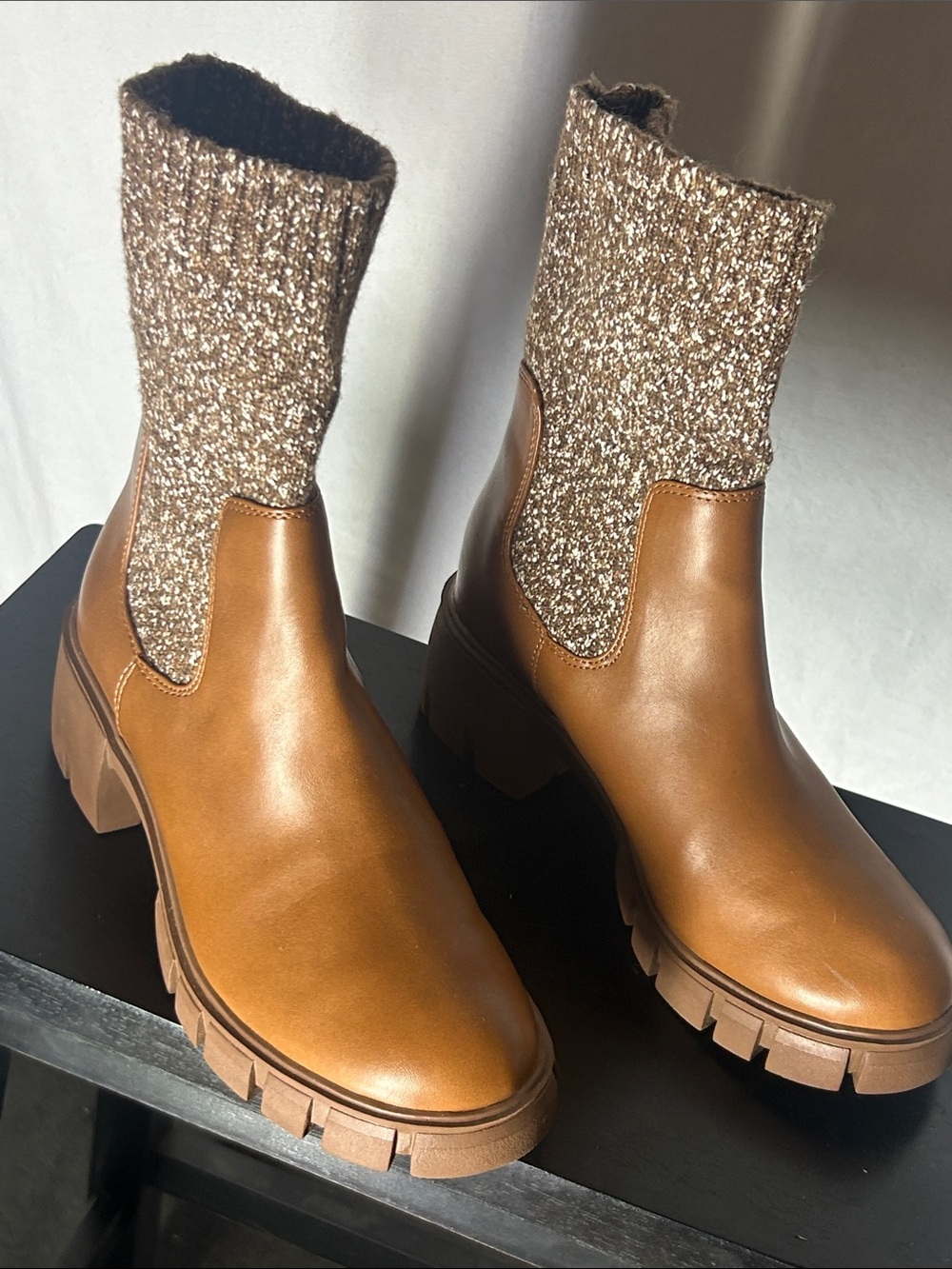 Universal Thread Tan Leather-Look Chelsea Boot with Knit Shaft